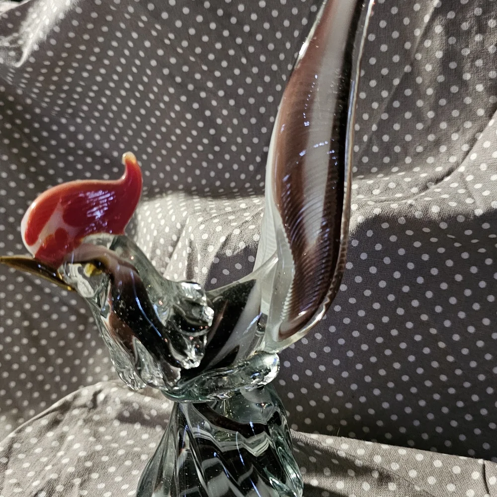 Handblown Glass Rooster Figurine - Red Crest, Clear Body - Unbranded